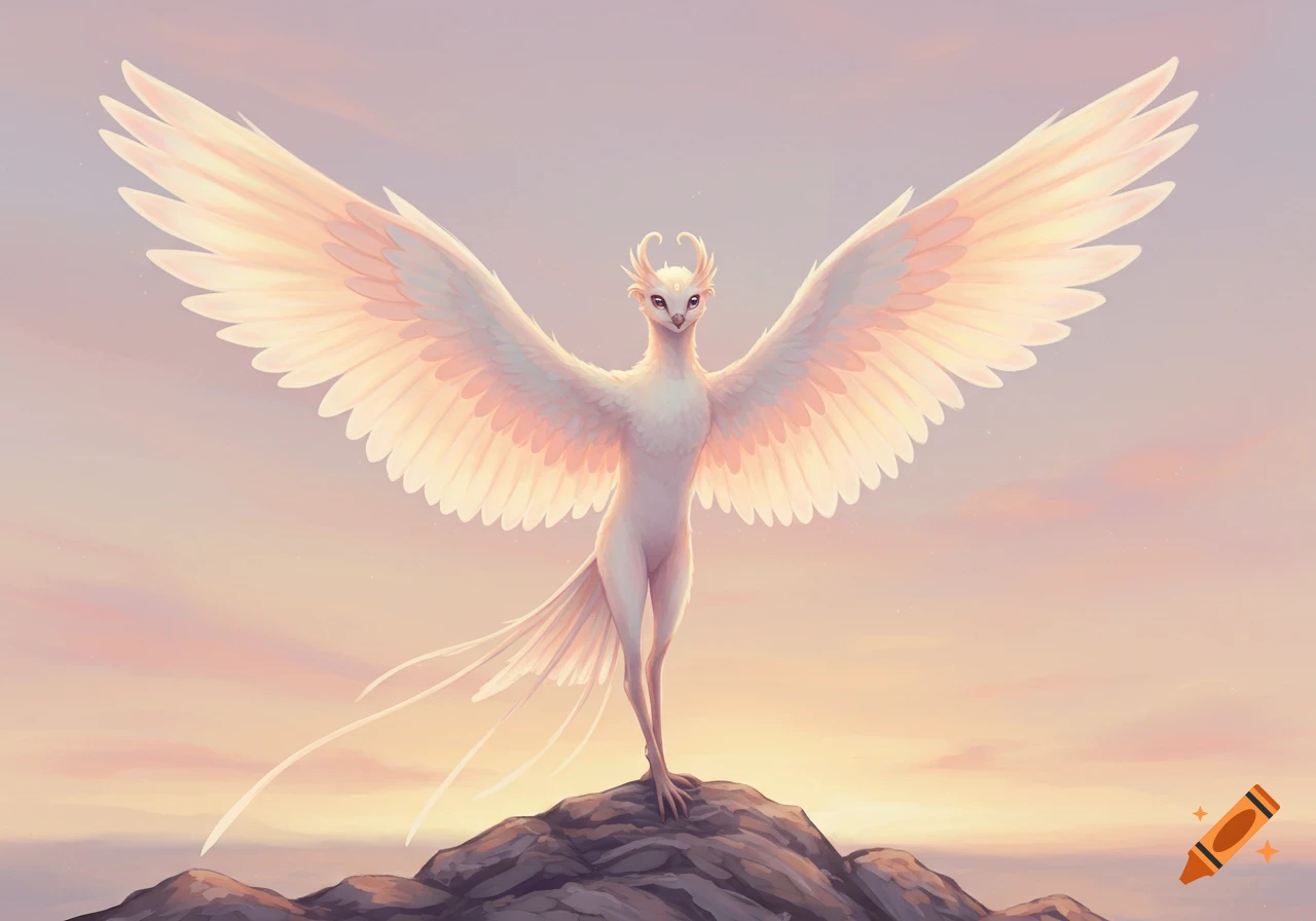 A majestic white, bird-like fantasy creature with large, glowing wings stands on a rocky peak at sunset against a pastel sky.