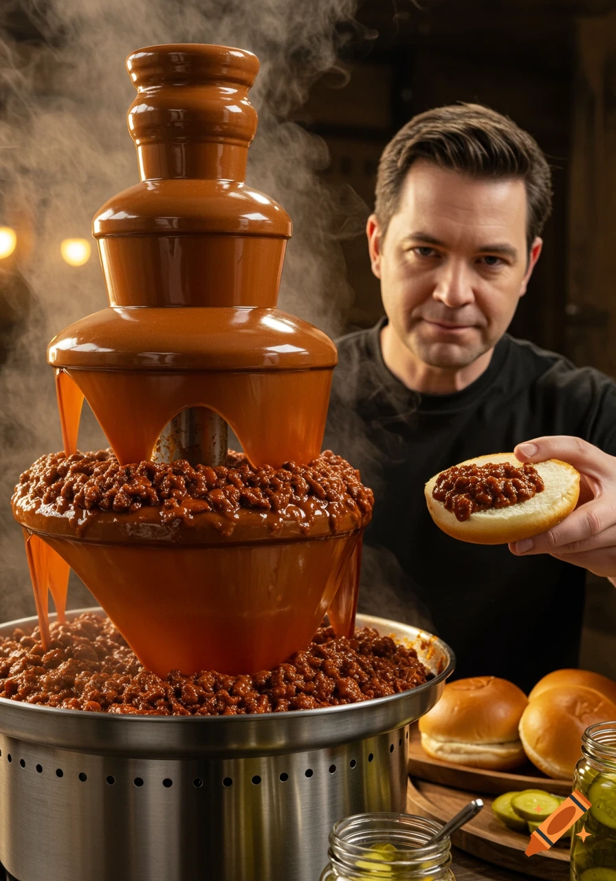 A man holding a bun under a tiered sloppy Joe fountain, with steam rising, photorealistic.