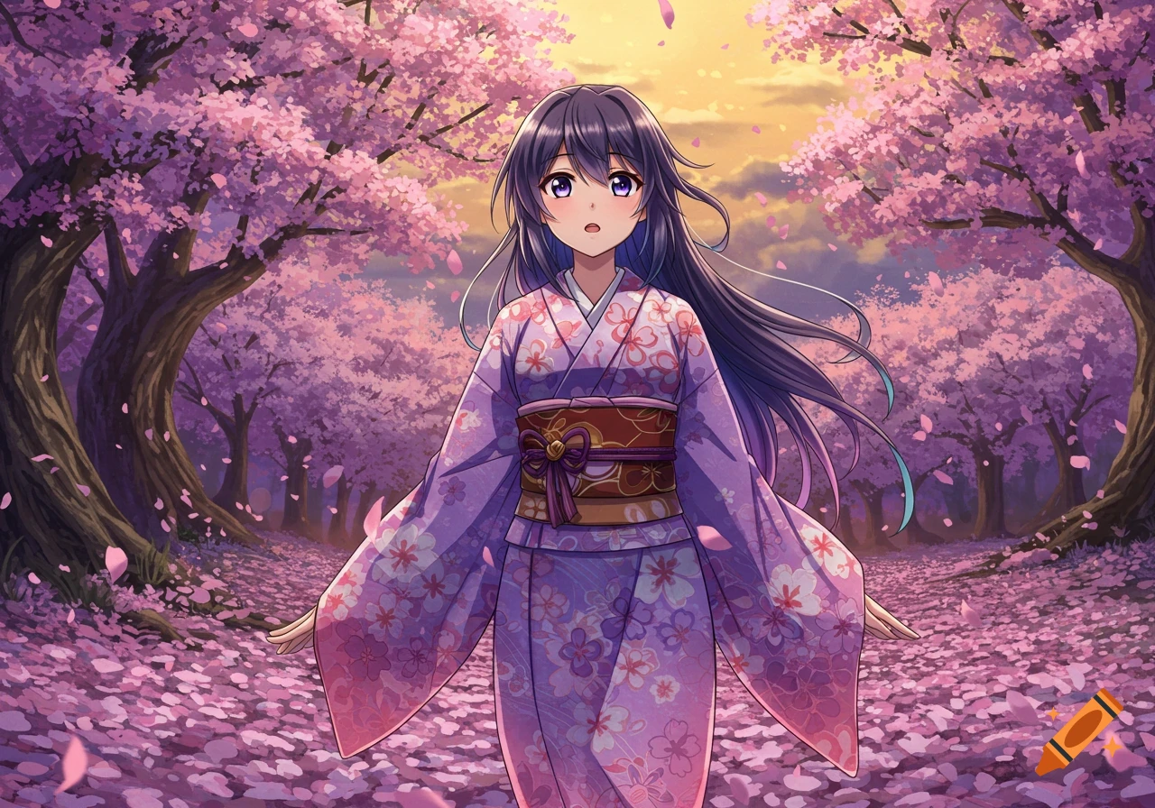 An anime girl in a purple kimono stands on a path covered with pink cherry blossom petals in a forest.