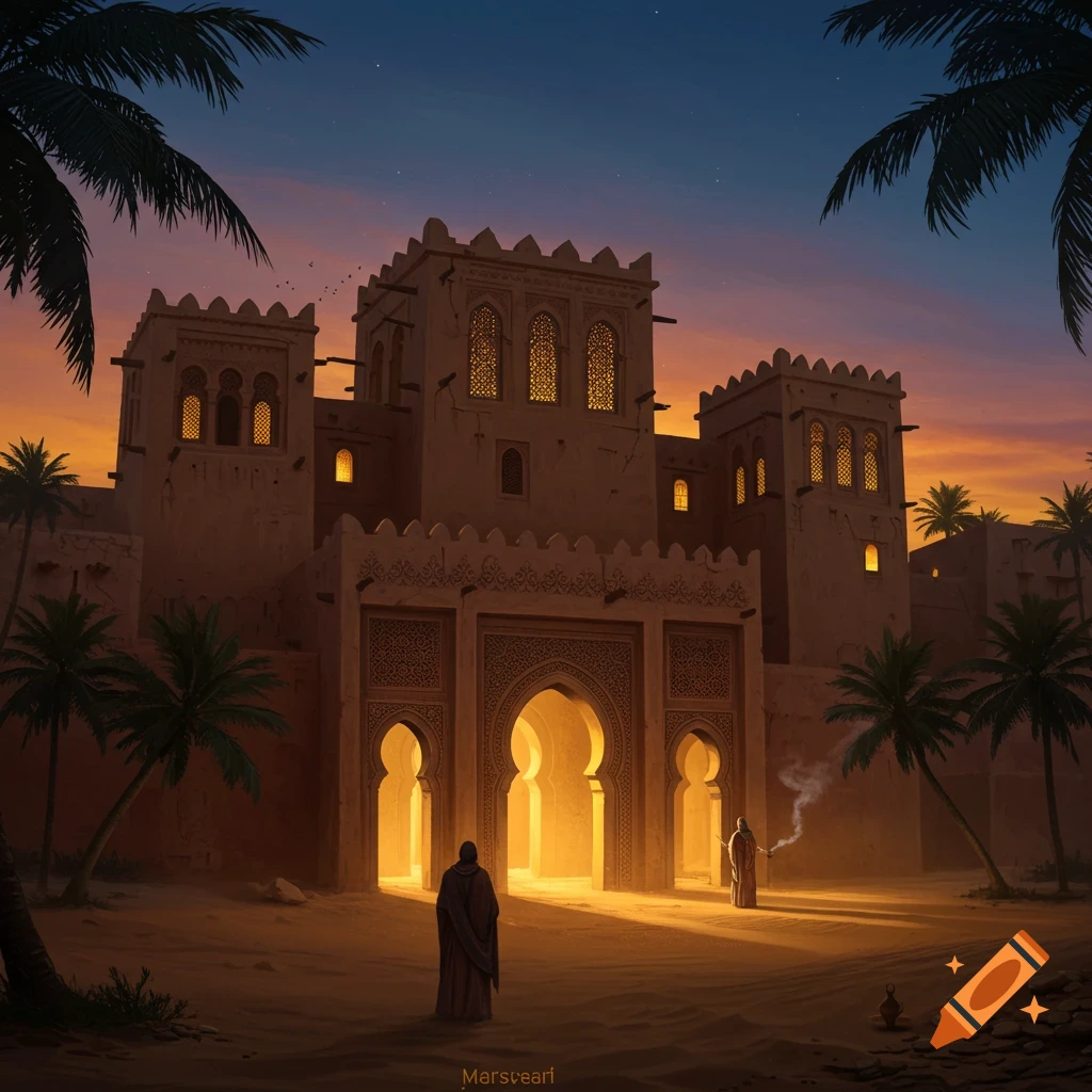 A majestic desert fortress with glowing archways at sunset, palm trees, and two robed figures in front.