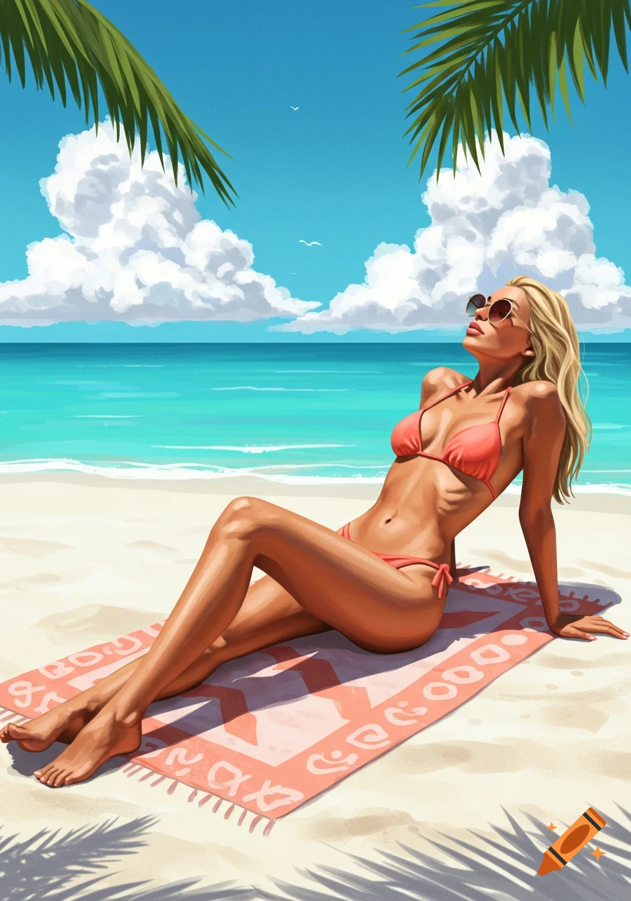 Stylized illustration of a blonde woman in a bikini relaxing on a pink towel on a sunny tropical beach.