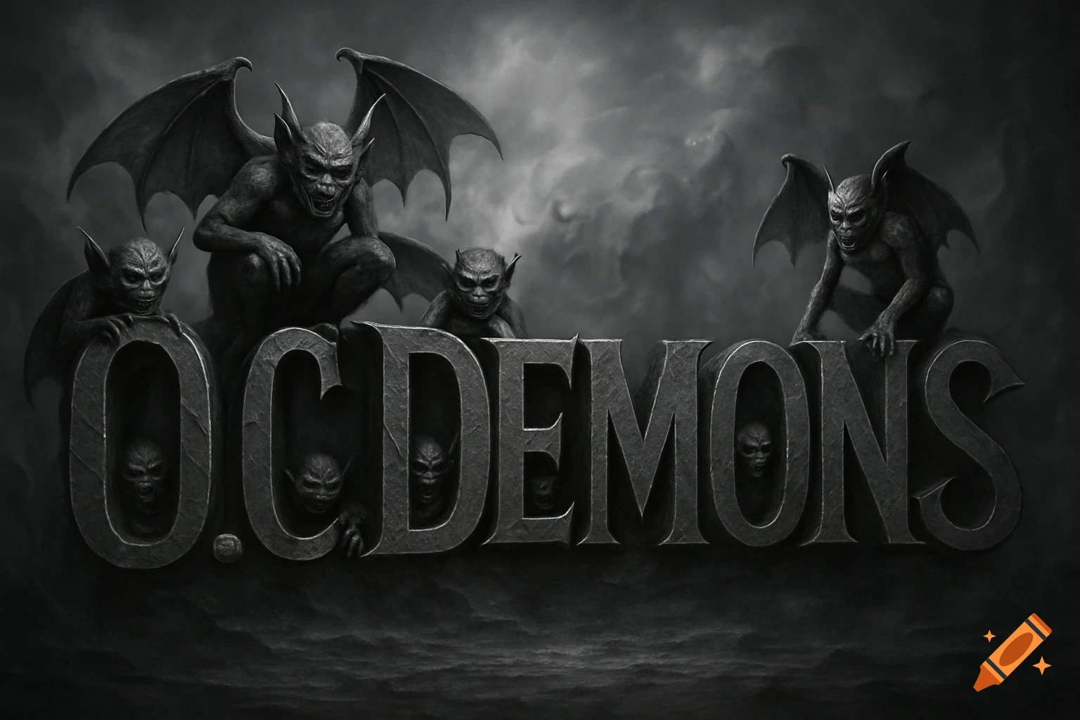 Dark monochrome image of gargoyle-like demons on and within large stone letters spelling 'O.C.DEMONS' against a foggy sky.