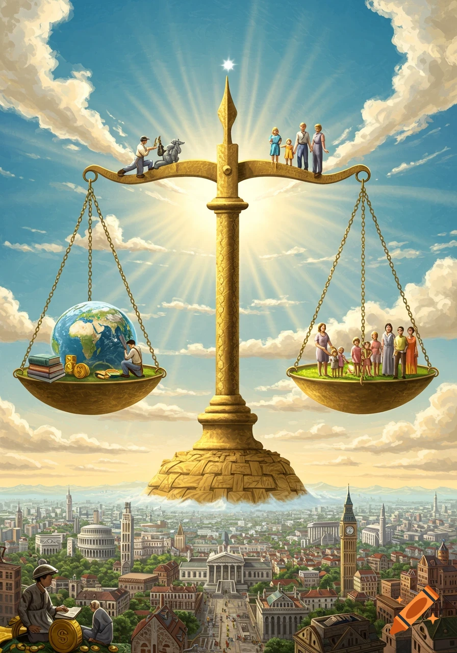 A giant golden scale balances a globe with books and coins on one side, and families on the other, over a city.