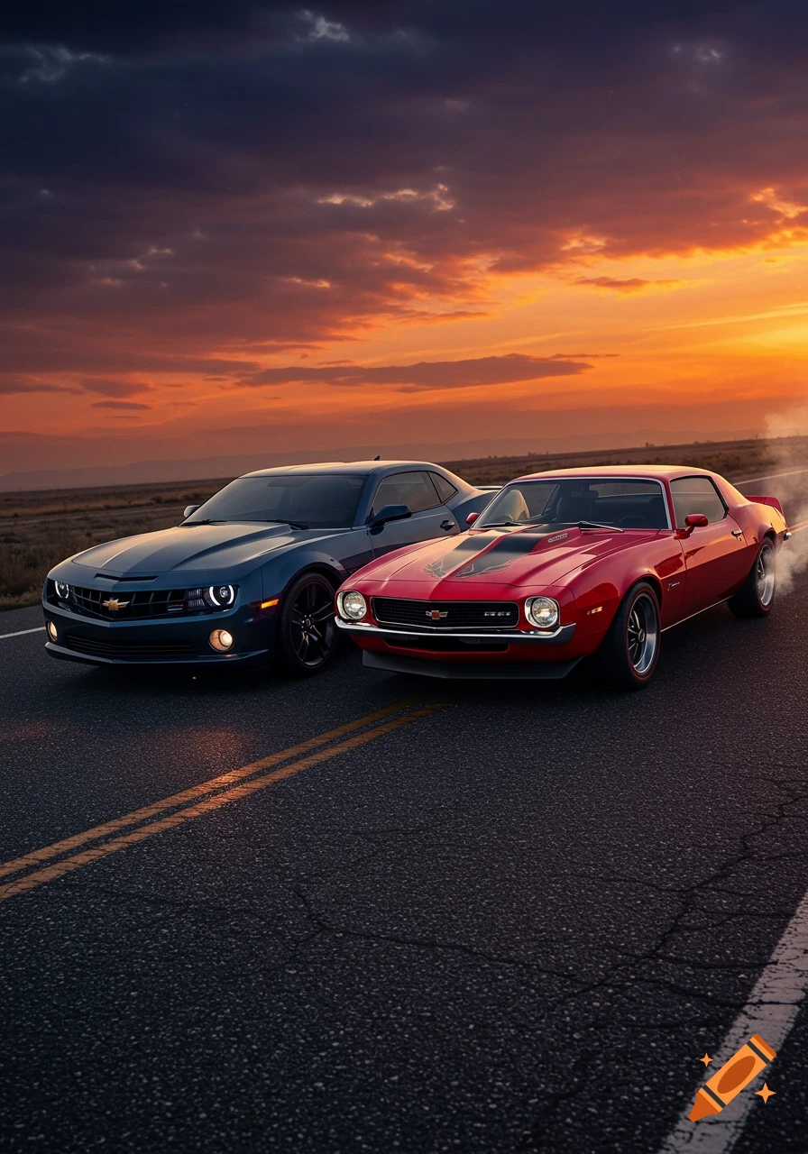 A modern blue Chevrolet Camaro and a classic red Pontiac Firebird on a road at sunset, with smoke trailing from the red car.