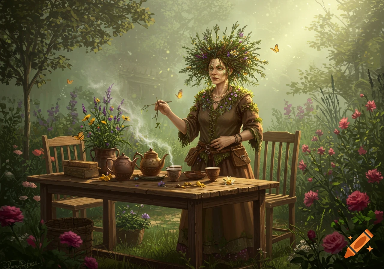 A witch with a plant crown brews tea at a wooden table in a magical, lush garden filled with flowers and butterflies.