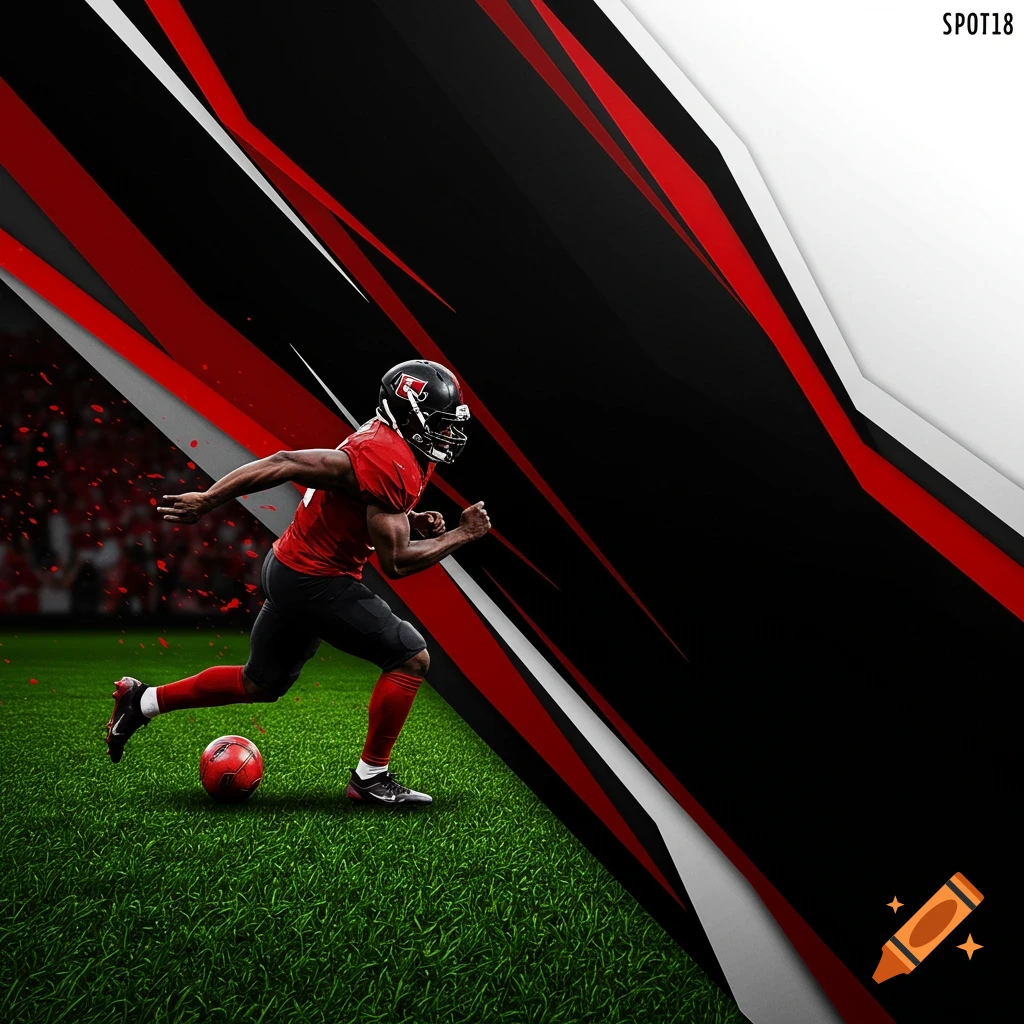Football player in red and black uniform runs with a red football on green grass against an abstract red, black, and white background.