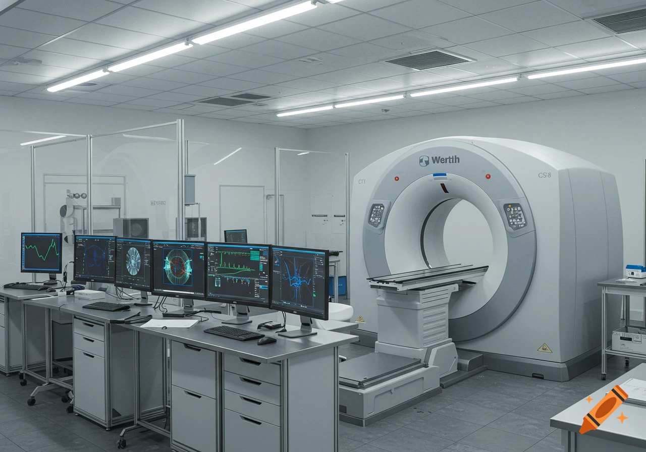 A photorealistic image of a modern laboratory with a large industrial CT scanner and multiple computer monitors displaying scientific data.