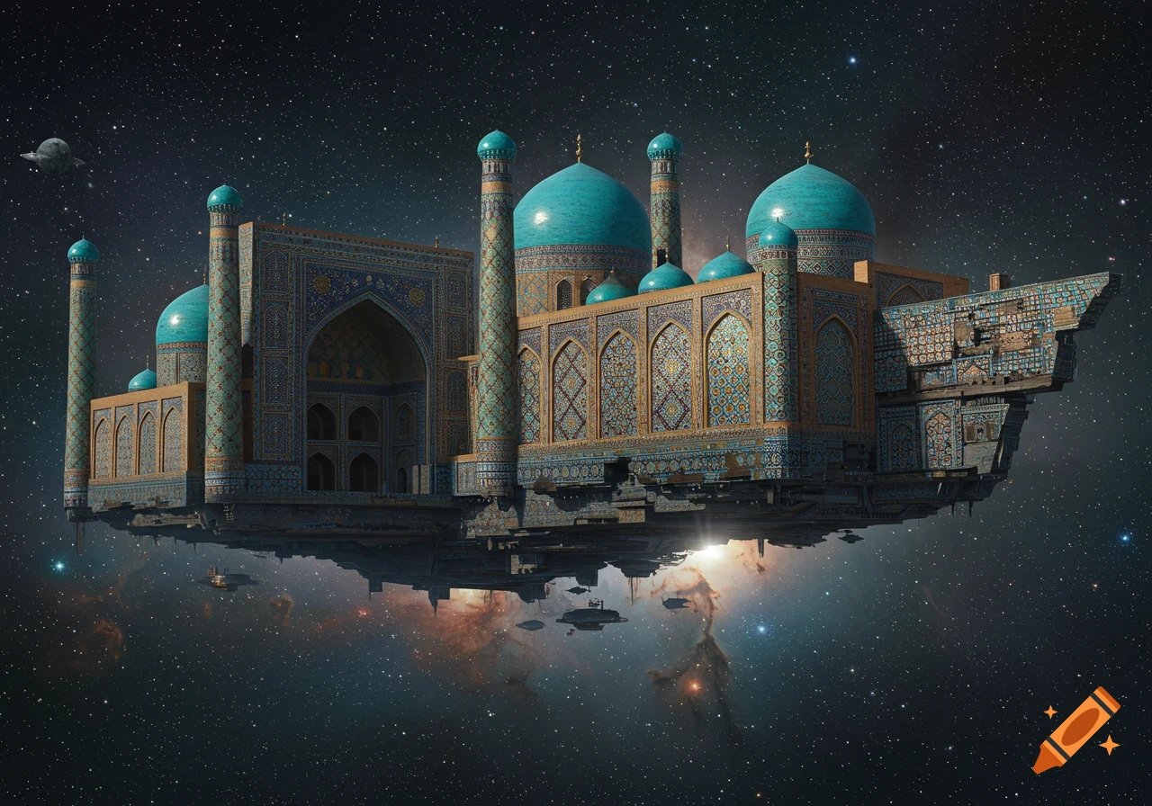 A colossal spaceship resembling a mosque with turquoise domes and intricate tiled patterns, floating in a star-filled galaxy with nebulae below.