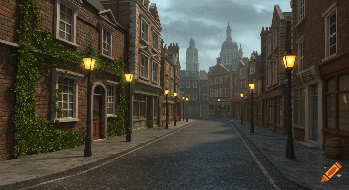 A cartoon-style street view of old Victorian buildings with ivy climbing walls, lit gas lamps, and a cloudy rainy sky.