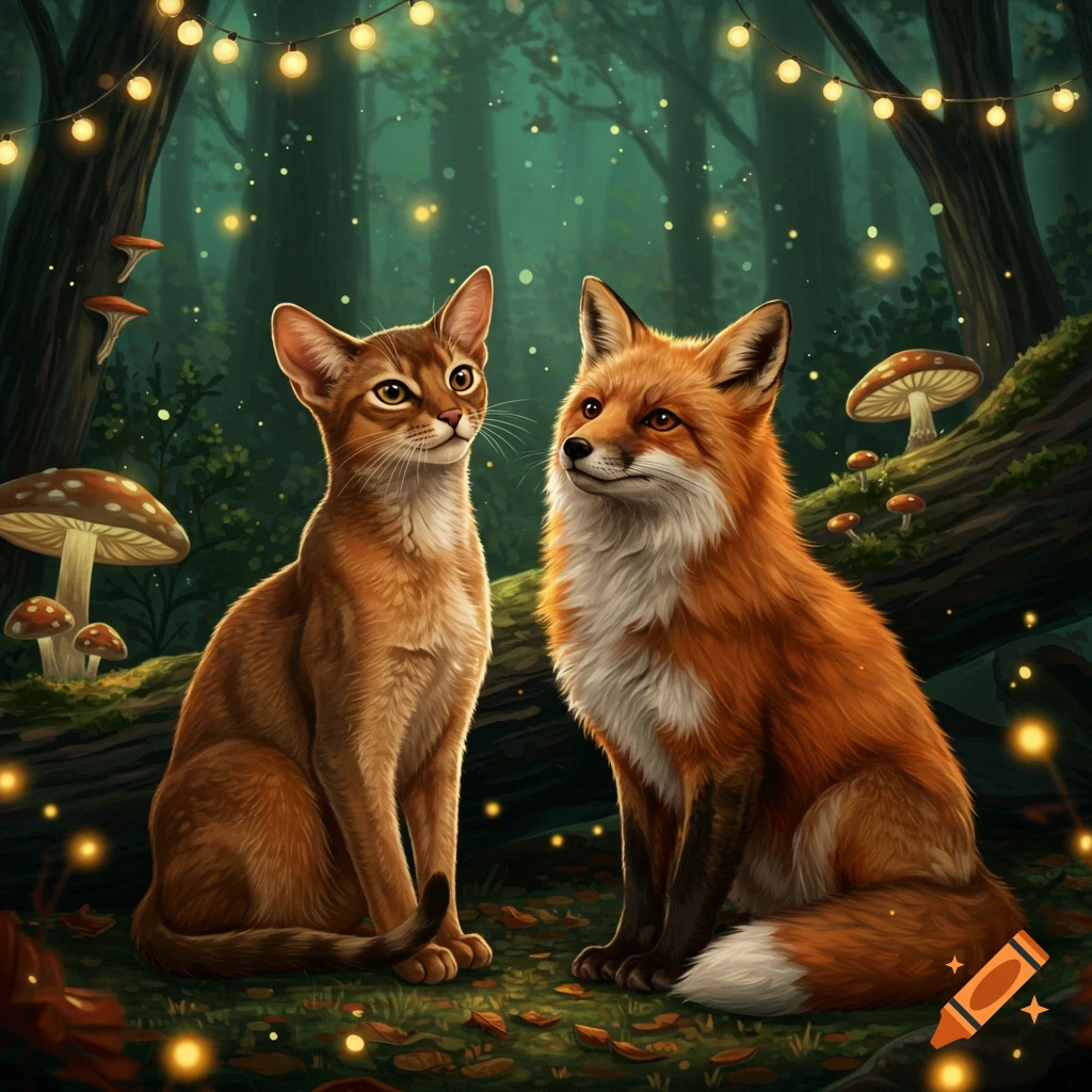 An Abyssinian cat and a fox sit side-by-side in an enchanted forest with glowing mushrooms and string lights.