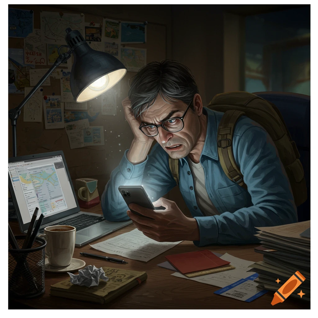 A man with glasses and a backpack sits at a desk, intensely staring at his glowing phone, looking stressed and frustrated in harsh light. A laptop and cluttered papers are on the desk.