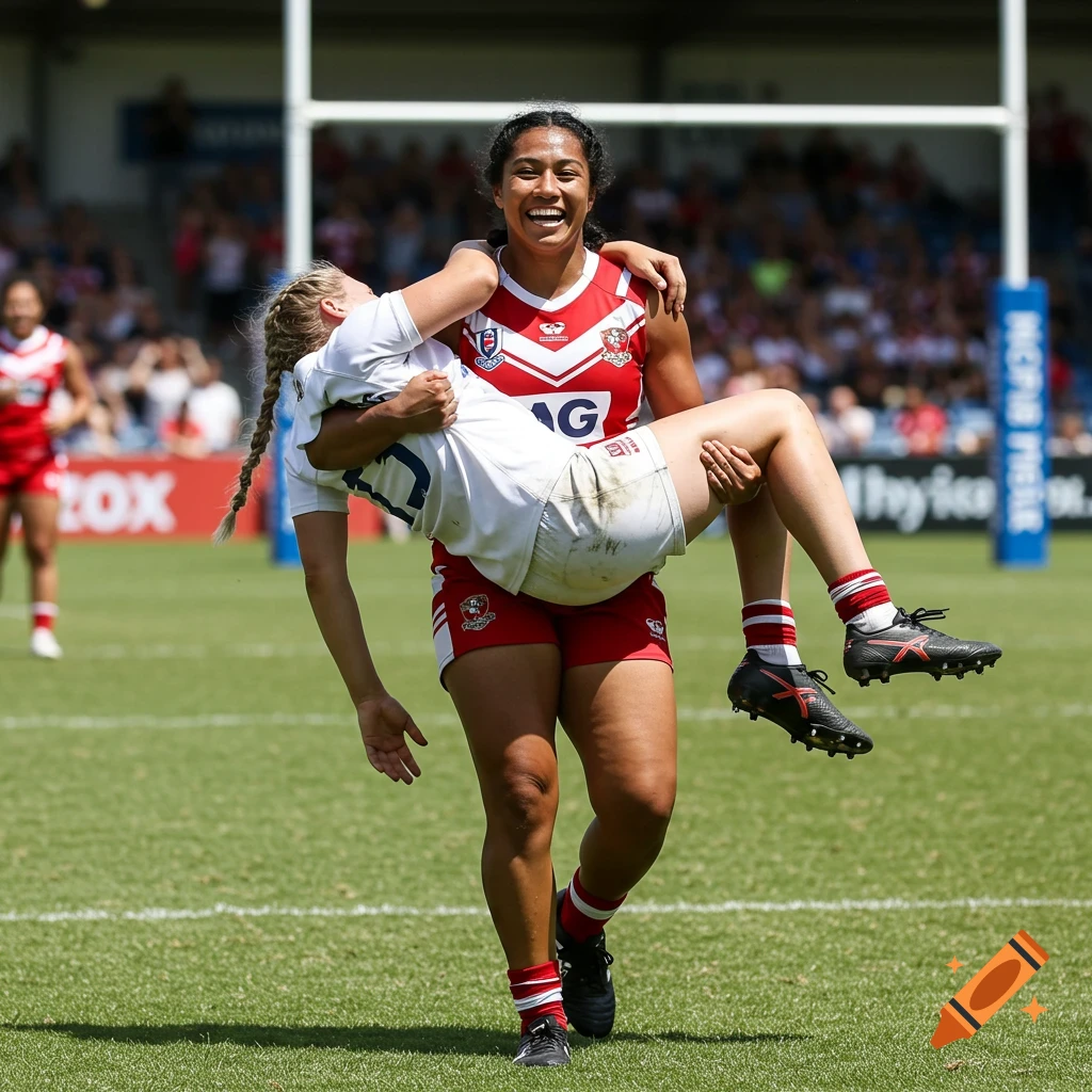 A smiling woman rugby player in a red and white uniform carries her teammate in a white uniform across a green field. Photorealistic.
