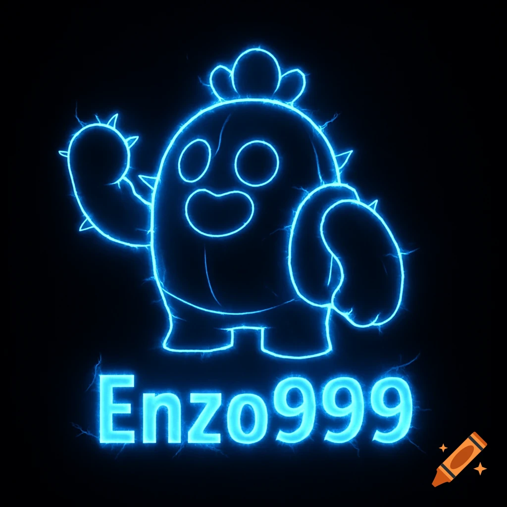 Neon blue outline of Spike from Brawl Stars with lightning effects and the name 'Enzo999' below on a black background.
