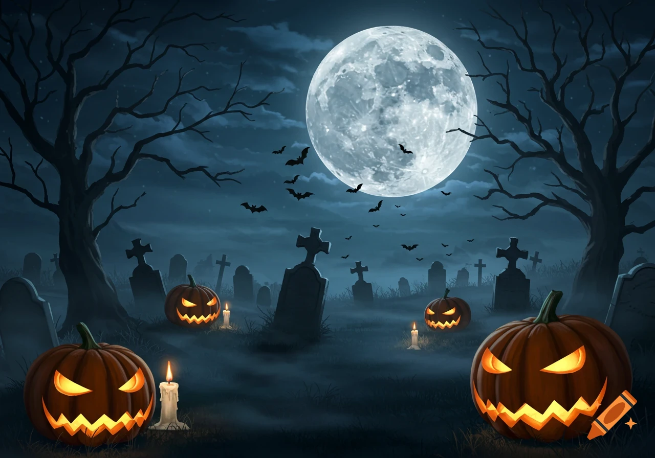 A spooky digital painting of a graveyard at night with jack-o'-lanterns, tombstones, bare trees, and bats flying under a large full moon.