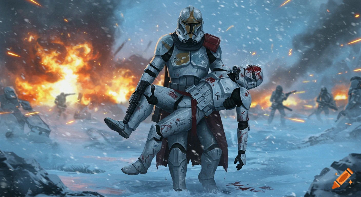A heavily armored Star Wars soldier carries a wounded comrade across a snowy battlefield with explosions and blaster fire.