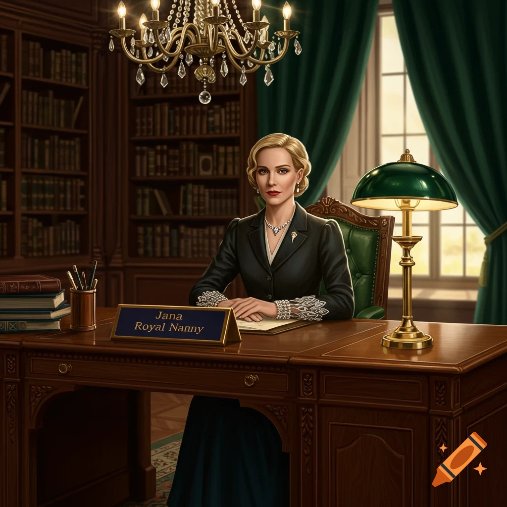 A formally dressed woman, Jana, sits at a large wooden desk in a lavish study, with a sign reading 'Jana Royal Nanny'.