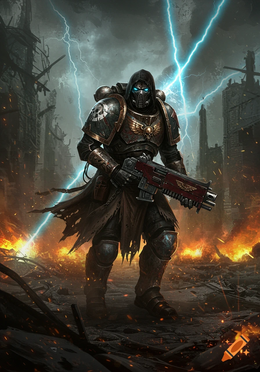 A dark, heavily armored space marine warrior in a hooded cloak stands in a burning, ruined city under lightning, holding a futuristic gun.