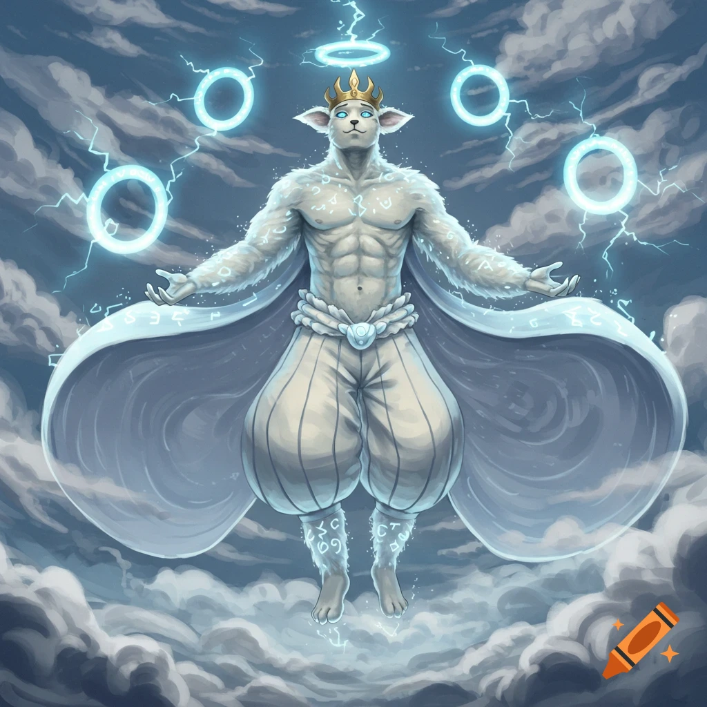 A white anthropomorphic cat-like deity with a golden crown and glowing runes floats in stormy clouds with lightning and energy rings.
