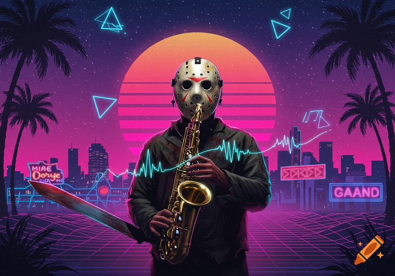 Jason Voorhees in a hockey mask playing a saxophone and holding a machete against a neon pink and purple vaporwave cityscape at sunset.