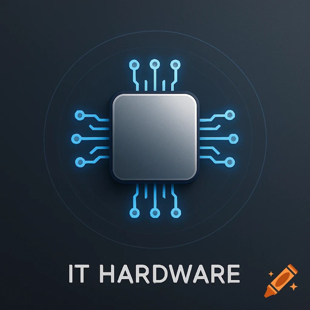 A stylized icon of a metallic computer chip with glowing blue circuit connections on a dark background, with the text "IT HARDWARE" below it.