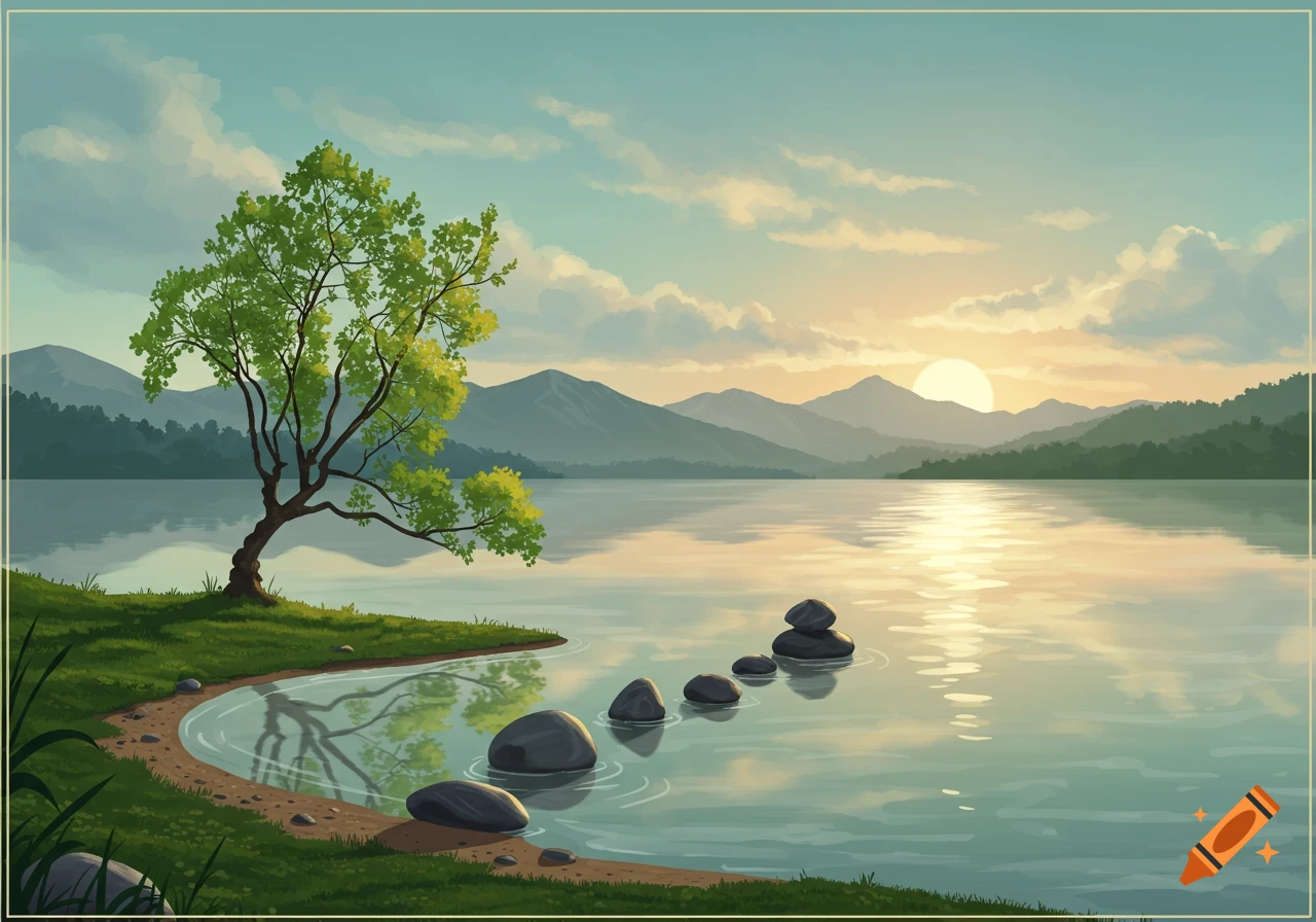 Illustrated landscape with a lake reflecting the sunset, mountains in the background, a green tree on the left, and stepping stones in the water.