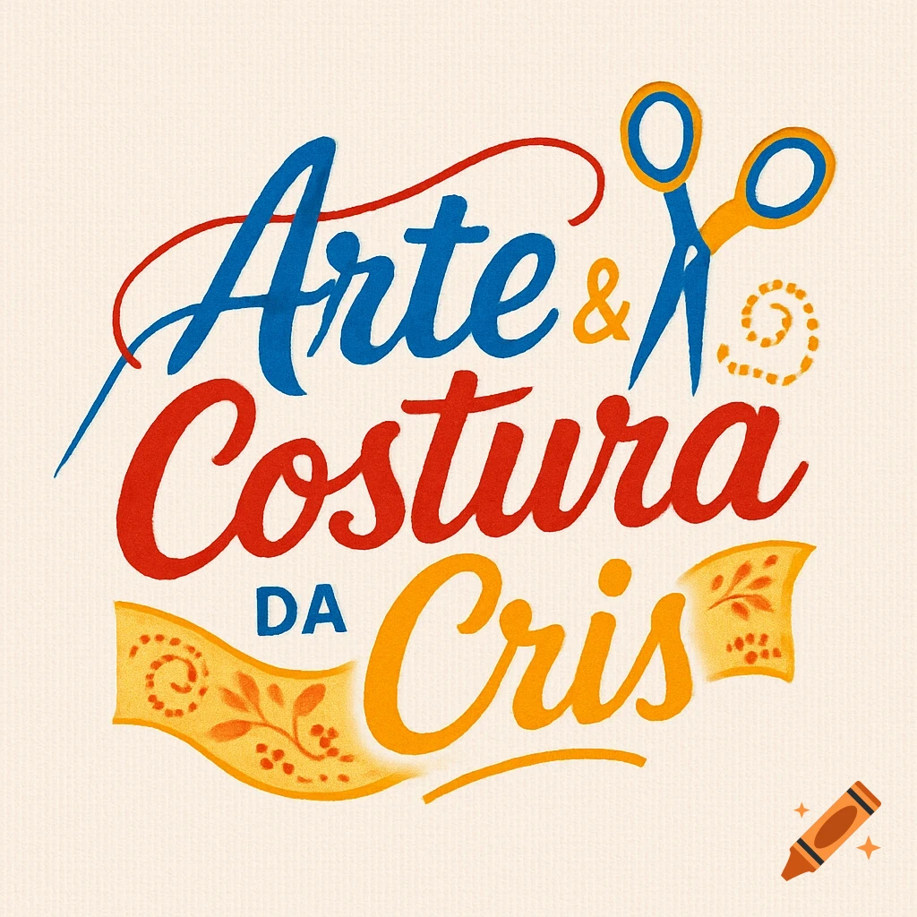 A vibrant logo with blue, red, and orange text 'Arte & Costura da Cris', featuring sewing scissors, needle, thread, and patterned fabric.