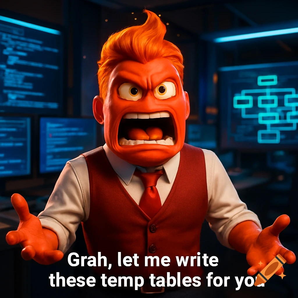 A red, angry 3D animated character resembling Anger from Inside Out yells 'Grah, let me write these temp tables for you' in a tech office.