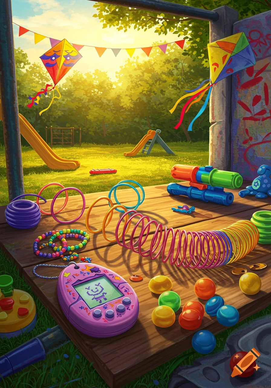 A vibrant illustration of a sunlit playground scene filled with colorful 90s-style toys, including a Tamagotchi, slinky, and kites.