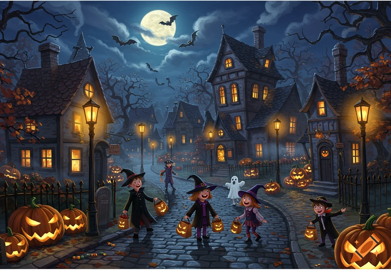 Kids in witch costumes trick-or-treating on a cobblestone street in a spooky Halloween town with jack-o'-lanterns and bats under a full moon.