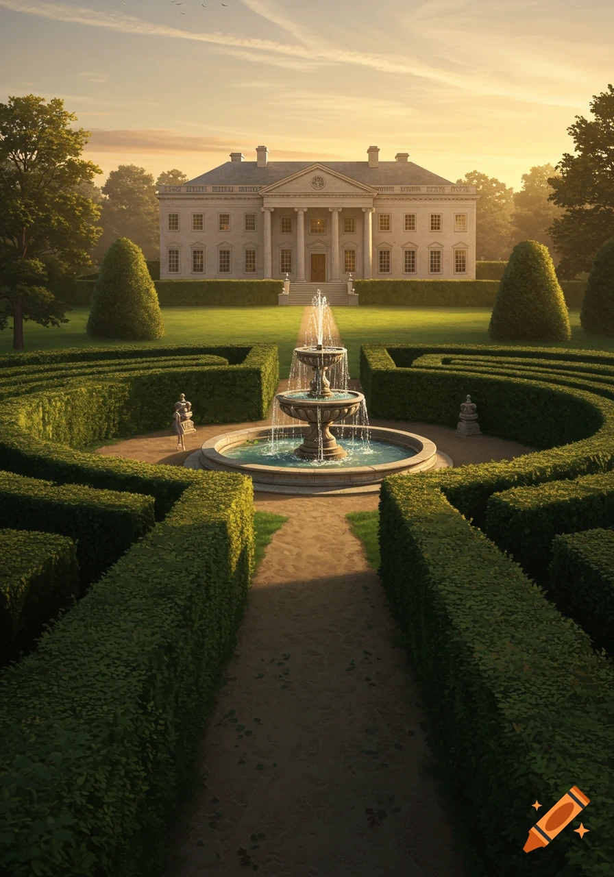 A grand manor house with columns at sunset, viewed beyond a meticulously trimmed hedge maze and a tiered fountain.
