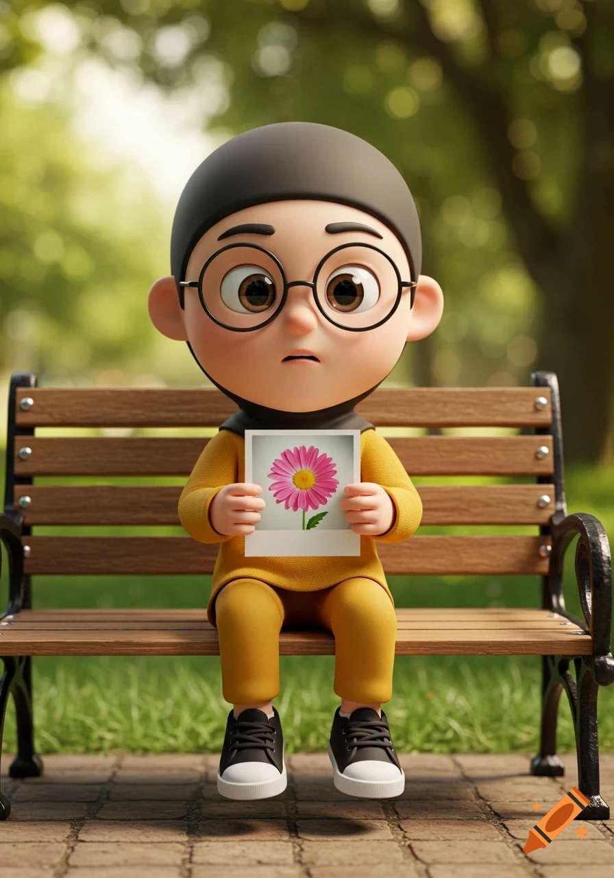 A cute 3D cartoon boy in glasses and yellow clothes sits on a park bench holding a photo of a pink daisy.