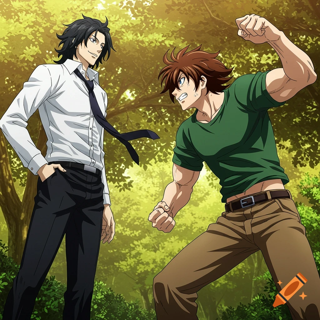 An anime scene shows a smirking man in a white shirt confidently facing a muscular man in a green t-shirt trying to punch him, in a forest.