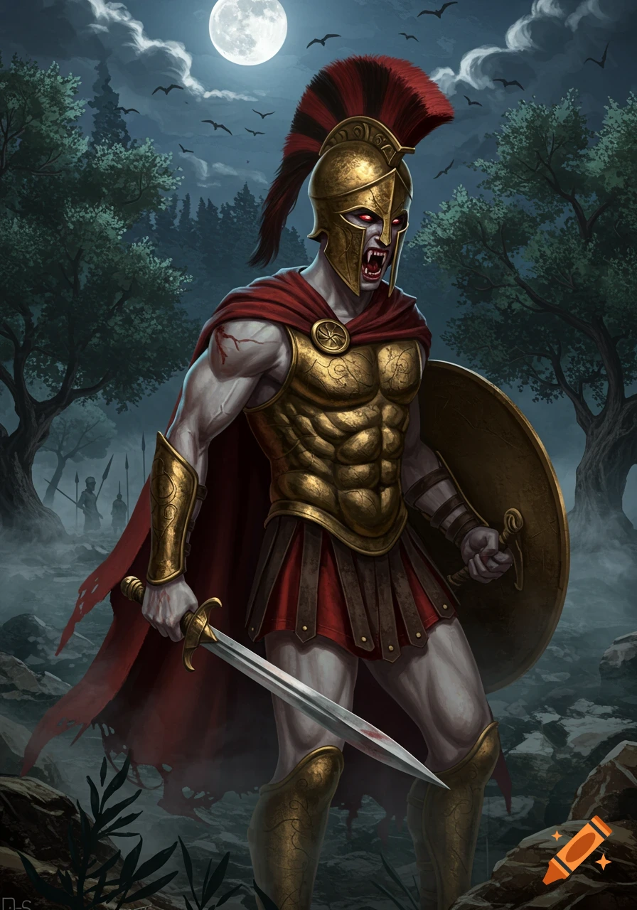 A fierce Spartan warrior vampire with glowing red eyes and fangs stands in a dark forest at night under a full moon, holding a sword and shield.