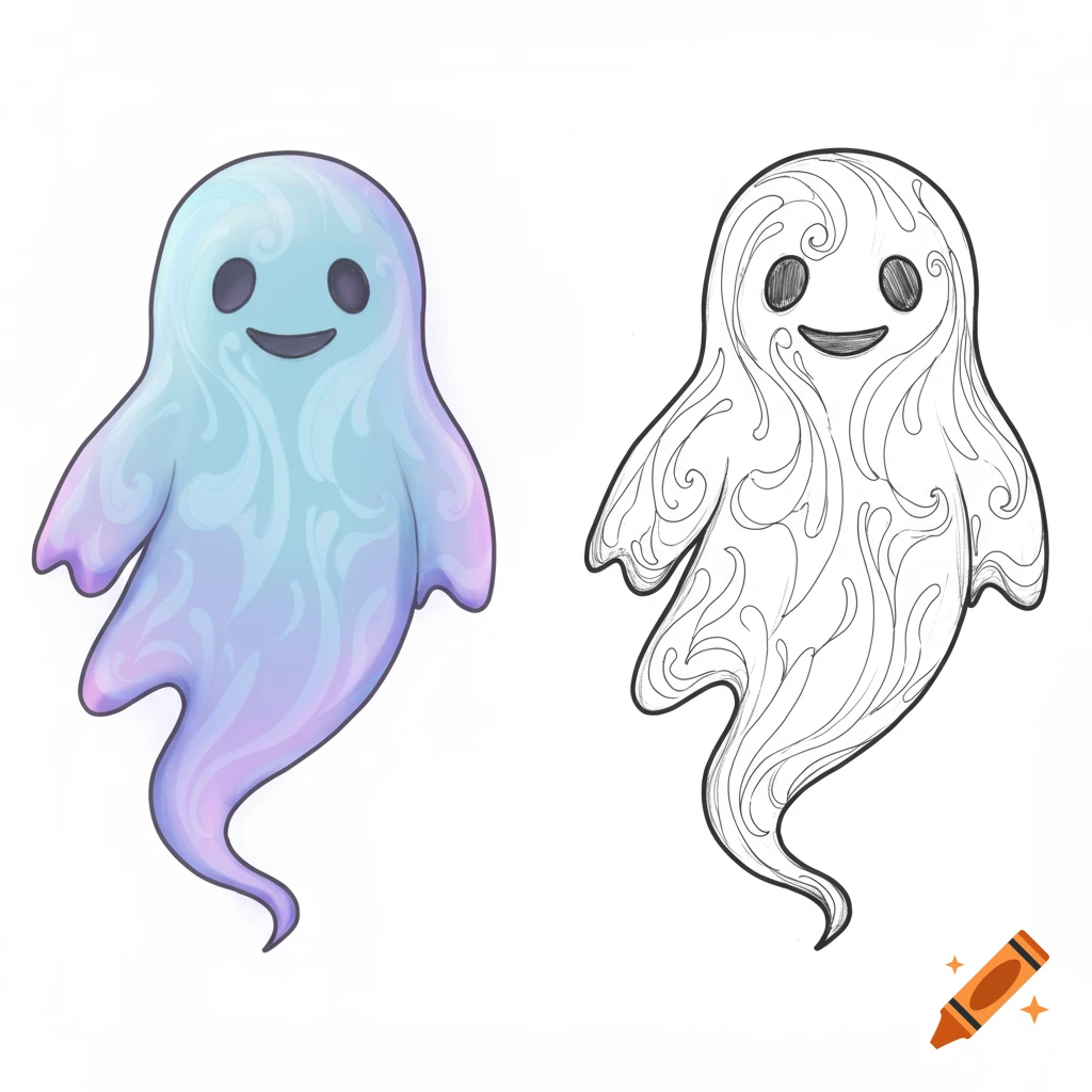 A friendly ghost illustration, colored in blue and purple, on the left, beside a black-and-white outline of the same smiling ghost on the right.