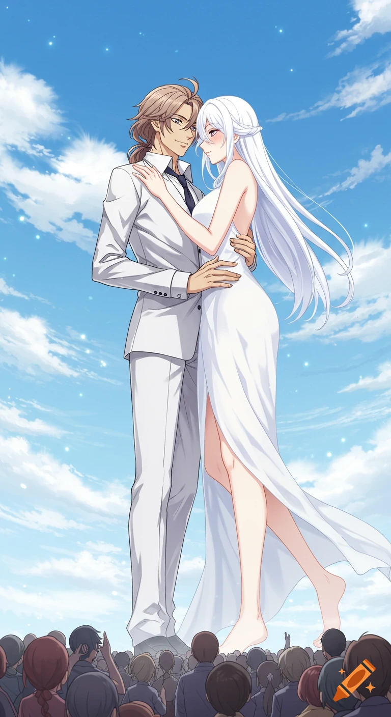 An anime giantess in a white dress embraces a man in a white suit, with tiny crowds looking up at them under a blue sky.