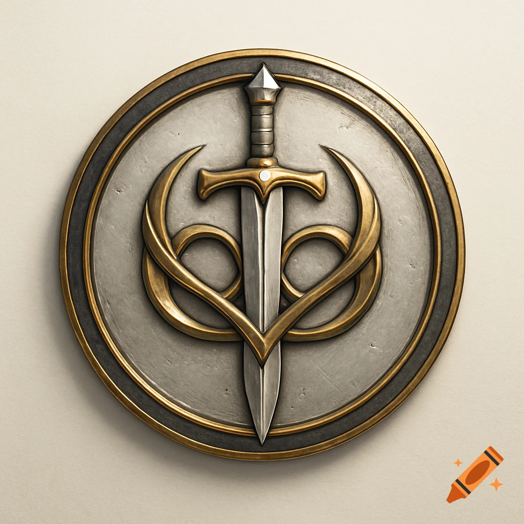 A circular metal emblem with a silver sword through intertwined gold loops on a textured gray and gold background.