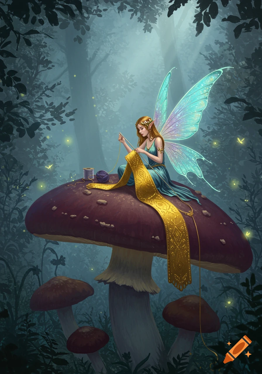 A fairy with glowing wings sits on a large mushroom in a mystical forest, knitting a long golden fabric.
