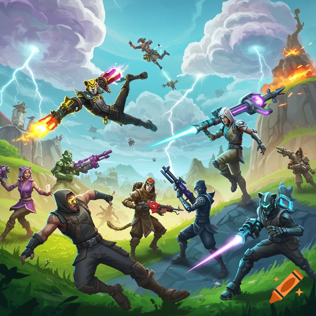 Stylized cartoon battle scene with multiple characters, some flying, some on ground, wielding futuristic weapons amidst lightning and an exploding mountain.