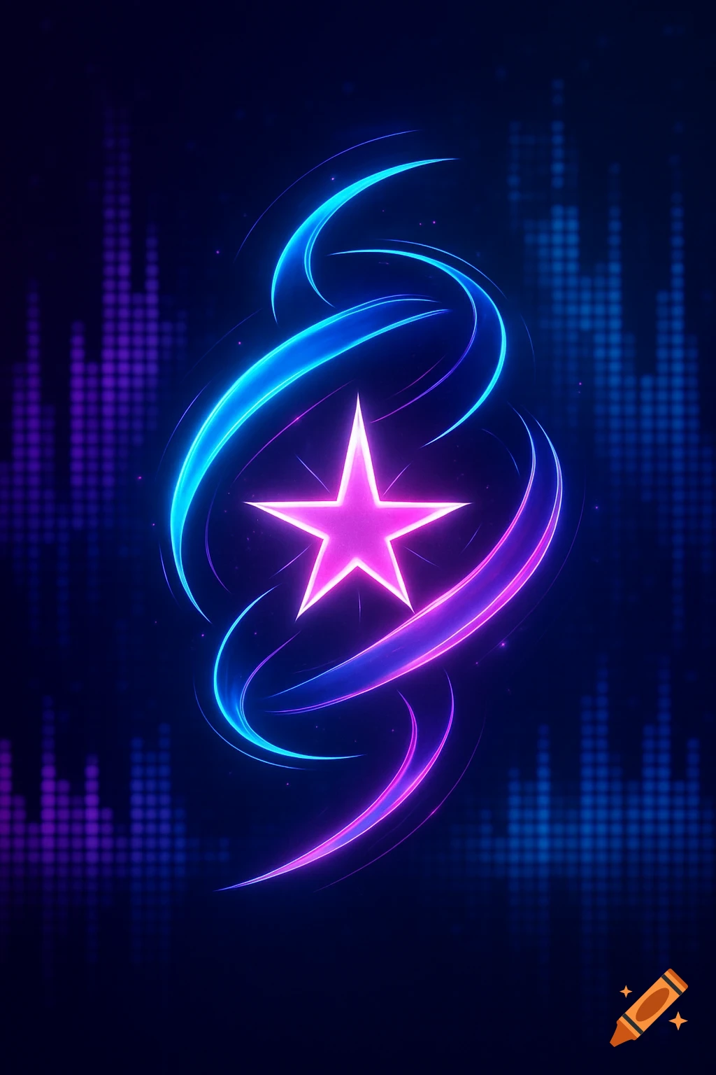 A vibrant abstract digital art piece featuring a glowing pink star surrounded by swirling blue and purple neon lines, with blurry equalizer patterns in the background.