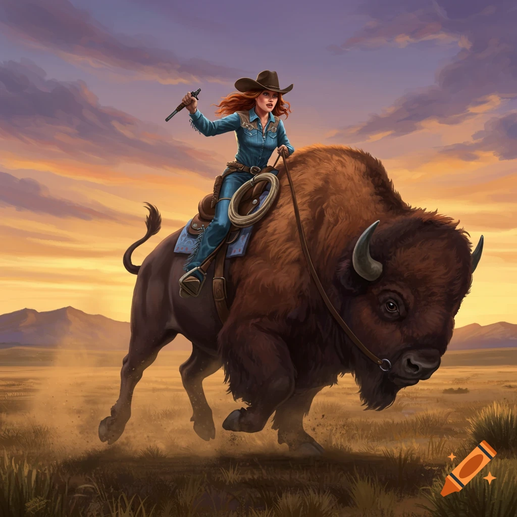 An illustrated cowgirl with a rifle rides a galloping buffalo across a grassy plain under a sunset sky.
