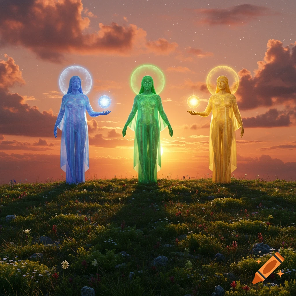 Three ethereal female figures in flowing gowns, glowing blue, green, and yellow, stand on a grassy hill holding glowing orbs against a vibrant sunset sky.