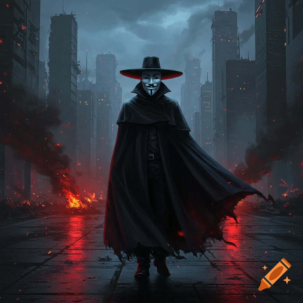 A masked figure in a wide-brimmed hat and black cloak stands on a wet, fiery street in a burning, dark cityscape.