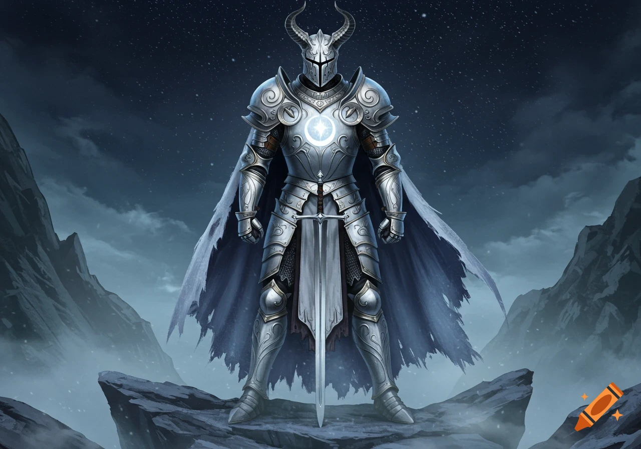 A formidable knight in ornate white armor and a flowing cape stands on a rocky peak under a starry sky, holding a sword.