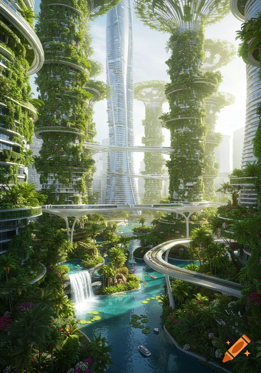 Vibrant, futuristic city with skyscrapers covered in lush greenery, waterfalls, turquoise rivers, and elevated trains.