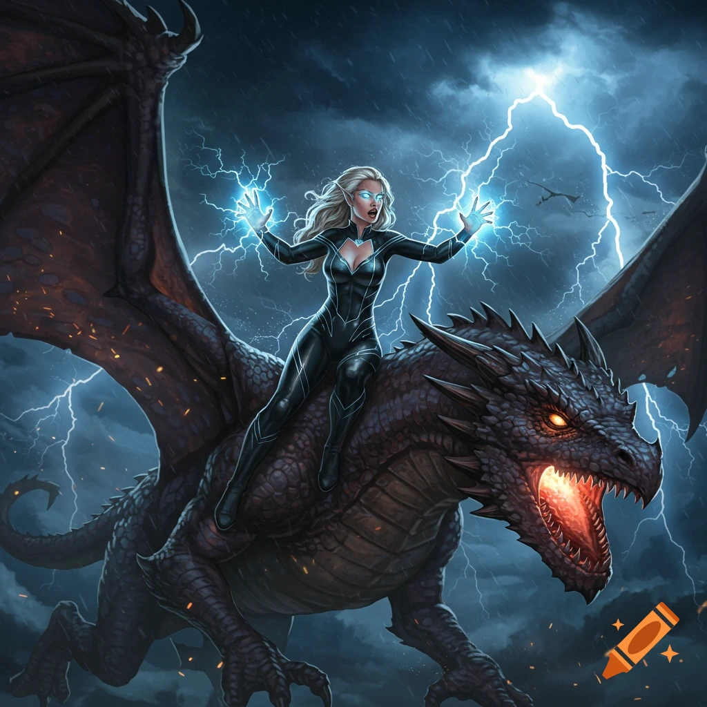 A blonde superhero in a black suit rides a fire-breathing dragon through a stormy sky, casting lightning from her hands.