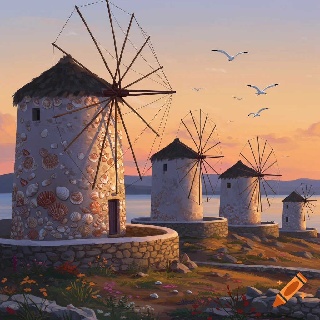 Scenic view of shell-decorated windmills by the sea at sunset with birds flying in the sky.