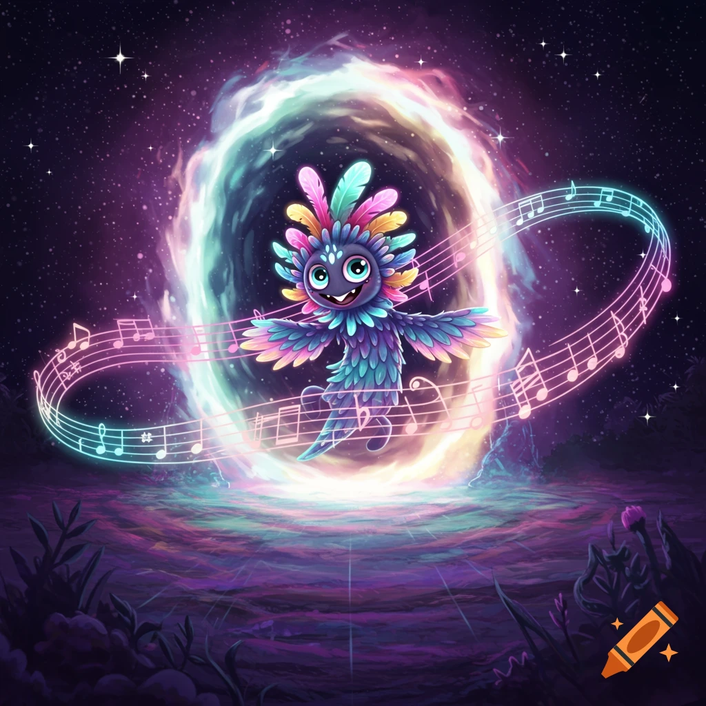 A colorful, cute, feathered monster with large eyes dances in front of a glowing cosmic portal, surrounded by floating musical notes in a starry night.