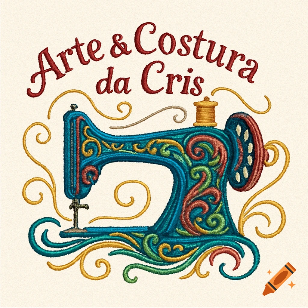 A vibrant, embroidered logo featuring a vintage sewing machine adorned with swirls and the text 'Arte & Costura da Cris' on a light background.