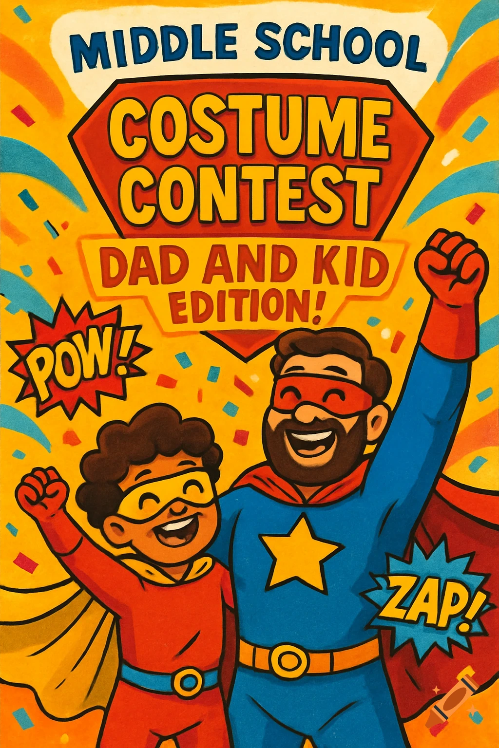 Colorful comic-style illustration of a dad and kid in superhero costumes celebrating a Middle School Costume Contest.