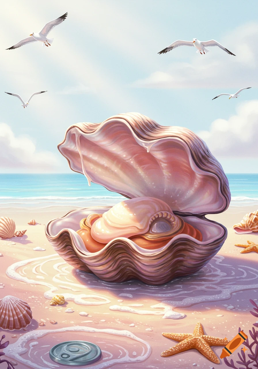 An illustrative image of a large open clam holding a pearl on a sandy beach with seashells, starfish, and seagulls flying above.